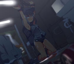 armpits arms_up bathroom blue_eyes blue_hair blush bondage boots bound bound_wrists chains dark dutch_angle female fuukadia_(narcolepsy) hat indoors key kneeling necklace night nitori_kawashiro pussy_juice pussy_juice_stain shiny_skin soda solo sweat touhou wet