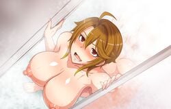 ahoge areolae ass bath bathroom bent_over blonde_hair blush breasts butt_crack censored collarbone denkishowgun erection feet female game_cg hanging_breasts highres huge_breasts indoors leaning_forward legs looking_at_viewer mosaic_censoring netorare_motoyan_kyonyuu_zuma nipples nude open_mouth original penis red_eyes short_hair solo_focus steam sweat thighs toes