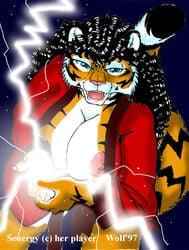 1990s 1997 20th_century anthro big_breasts breasts claws clothing feline female hair lightning looking_at_viewer magic mammal nipples robe seductive solo stripes tiger wolfkidd