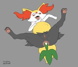 2017 ambiguous_gender anal_vore anus ass belly big_belly braixen canine chest_tuft clitoris digital_media_(artwork) duo female female/ambiguous female_focus feral feral_only longlevy lying mammal nintendo nude on_back pokemon pokemon_(species) pubes pussy reptile scalie signature simple_background smile snake snivy solo_focus tongue tongue_out toony tuft video_games vore