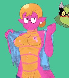 ambiguous_gender amphibian breasts camille_(scalie_schoolie) chameleon clothing duo female female_focus lizard nipples pussy reptile salamander sally_(scalie_schoolie) scalie scalie_schoolie solo_focus warioeag