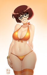 1girls artist_name bikini bob_cut breasts brown_hair cleavage curvy female female_only glasses hanna-barbera light-skinned_female light_skin looking_at_viewer pale-skinned_female pale_skin scooby-doo smile solo thick_thighs thighhighs velma_dinkley watermark zeshgolden