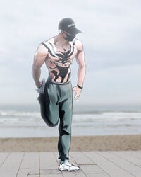 1boy baseball_cap beach gym league_of_legends male_only mask muscle ninja stretching tattoo topless zed