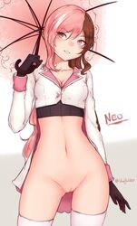 1girls artist_signature blouse bluefield breasts cleavage female female_only gloves hi_res hush_(rwby) lingerie long_hair multicolored_hair neo_(rwby) parasol pussy rwby shirt small_breasts solo stockings thighhighs weapon