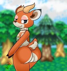 1boy animal_crossing antelope anthro ass beau_(animal_crossing) big_ass black_eyes bottomless clothed clothing crossover fur furret furry horn insignia looking_at_viewer looking_back male male_only mammal nintendo orange_fur perineum pokémon_(species) pokemon puffdraws smile solo sweater testicles tree video_games watermark