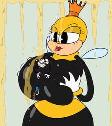 arthropod bee big_breasts breast_squeeze crown cuphead cuphead_(game) honey insect_wings insects male mugman mysweetstomach rumor_honeybottoms simple_background tongue_out wings