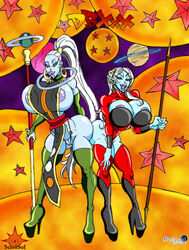 2girls angel_(dragon_ball) areola_slip artist_name bare_shoulders beauty_mark bent_over big_breasts bimbo blue_skin boots busty cleavage cleavage_cutout curvy demon_girl demoness detailed_background dragon_ball dragon_ball_heroes dragon_ball_super dragon_ball_xenoverse drawn dress ear_piercing earrings elbow_gloves erect_nipple erect_nipples eyelashes eyeshadow female female_only fingerless_gloves footwear front_view g-string gloves green_gloves hair_ornament hairband high_heel_boots high_heels holding_object hoop_earrings hourglass_figure humanoid leotard lipstick long_hair looking_at_viewer makeup mole multiple_females multiple_girls nipple_bulge open_mouth piercing ponytail purple_eyes purple_lipstick red_footwear red_legwear red_stockings staff stockings sun1sol swimsuit text thong tied_hair towa vados very_long_hair video_game video_games voluptuous white_hair wide_hips