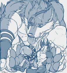 2boys anthro biceps big_muscles canine collar eye_patch eyewear gay knot leash male male_only mammal muscular muscular_male pawpads rex_(takemoto_arashi) size_difference small_dom_big_sub teaselbone yaoi