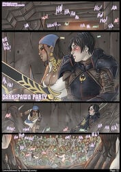 2014 all_fours armor bandana black_hair blue_eyes blush breasts cleavage clothed clothing comic dagger dark_skin darkspawn doggy_style dragon_age dragon_age_2 ear_piercing english_text female from_behind_position gangbang green_skin group group_sex hair human human_on_humanoid humanoid interspecies isabela male mammal marian_hawke melee_weapon monster nikraria nude page_1 page_number piercing pointy_ears sex straight sword text weapon