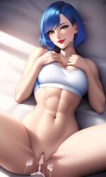 abs after_sex ai_generated arms_on_breasts athletic blue_hair breast_squish brown_eyes busty cum cum_drip cum_in_pussy cum_inside cum_overflow eye_contact from_above hourglass_figure large_breasts milf nancy_(xdk141) novelai original_character partially_clothed pov red_lipstick seductive seductive_look seductive_smile short_hair