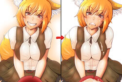 animal_ears bangs bare_arms before_and_after belt belt_buckle black_belt black_ribbon black_skirt black_vest blonde_hair blush breast_squeeze breasts buckle collared_shirt cookie_(touhou) cum cum_on_body cum_on_breasts cum_on_clothes cum_on_upper_body cup directional_arrow eyebrows eyebrows_visible_through_hair facial facing_viewer female fox_ears frown grin hair_between_eyes highres large_breasts looking_at_viewer miniskirt miramikaru_riran open_clothes open_vest red_eyes ribbon ringed_eyes sakazuki shirt short_hair short_sleeves skirt smile solo sweat teeth touhou vest white_shirt zairisha123