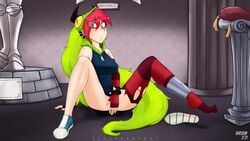 bottomless cartoon_network covering_up demencia_(villainous) female hair_over_eyes heterochromia looking_at_viewer sitting slackerburst solo spread_legs stocking villainous