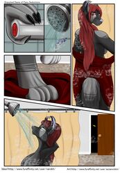 anthro azzieworks breasts canine clothing comic door feline female glowing glowing_eyes hair hybrid inside looking_at_viewer looking_back mammal miss_sway open_door red_eyes red_hair shower sideboob slightly_chubby solo steam undressing water wet