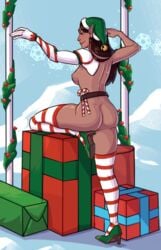 2d ass breasts candy_cane christmas christmas_elf from_behind_position high_heels holidays leg_raise overwatch presents stockings symmetra thick_thighs wide_hips youngnaughty