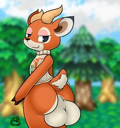 1boy animal_crossing antelope anthro ass balls beau_(animal_crossing) big_balls big_butt black_eyes bottomless clothed clothing fur horn huge_balls insignia looking_at_viewer looking_back male male_only mammal nintendo orange_fur puffdraws smile solo sweater tree video_games