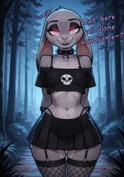 ai_generated disney zootopia judy_hopps lagomorph leporid mammal rabbit absurd_res cropped english_text hi_res anthro bedroom_eyes black_clothing black_lips bottomwear bracelet breasts clothing collar crop_top erect_nipples eyelashes fishnet fishnet_legwear forest fur grass grey_body grey_fur jewelry legwear lips narrowed_eyes night nipples outside pink_nose plant rabbit_ears seductive shirt skirt small_breasts spiked_bracelet spiked_collar spikes text topwear tree
