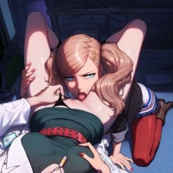 2girls ai_generated ann_takamaki athletic athletic_female black_panties blonde_female blonde_hair blue_eyes brown_shoes cunnilingus doctors_office female female/female female_only frown green_dress green_skirt hair_ornament hand_on_breast hand_on_ground hand_on_own_breast hand_on_thigh hard_nipples kneeling labcoat leglock licking_pussy necklace open_mouth oral oral_sex panties_aside pantyhose persona persona_5 persona_5_royal pink_nails point_of_view pov pov_eye_contact pulling_panties pussy pussy_juice pussy_juice_drip pussy_juice_in_mouth red_belt red_nails red_pantyhose sex sitting sitting_on_table tae_takemi thong tongue_out twintails uncensored yuri