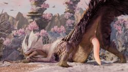 16:9 2026 3d_(artwork) 4k absurd_res animal_genitalia anus arm_tuft ass_up big_penis blue_eyes butt capcom chest_tuft claws curved_penis detailed_background digital_media_(artwork) erection feral fin fur genital_slit genitals hi_res itnsnat leviathan_(mh) male mizutsune monster_hunter multicolored_body multicolored_penis multicolored_scales open_mouth outside penis pink_body pink_penis pink_scales presenting presenting_anus presenting_hindquarters presenting_penis pupils purple_body purple_fur raised_tail scales sharp_teeth slit_pupils solo spread_legs spreading tail teeth tuft white_body white_scales widescreen yellow_penis