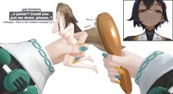 2girls absurd_res ai_assisted ai_generated animal_ears aqua_eyes ass bangs bare_shoulders belle_(delicate_sunlight)_(zenless_zone_zero) belle_(zenless_zone_zero) bent_legs blue_hair blush breasts brown_hair brush close-up closed_eyes completely_nude covering_face cute cute_expression embarrassed_nude_female extreme_size_difference feet female fox_ears fox_girl fox_tail from_above grabbed handheld handheld_micro height_chart height_difference highres leg_tattoo long_hair looking_down_at_partner medium_breasts micro micro_female microphilia minigirl monster_girl navel nipples nude nude_female official_alternate_costume picked_up red_eyes short_hair shrinking shrunken shrunken_female shrunken_person size_difference smaller_female smug_smile sweatdrop text thiren wavy_mouth ye_shunguang zenless_zone_zero