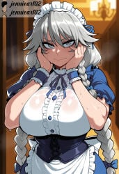 1girl ai_generated alternate_breast_size alternate_costume apron artist_name black_corset blue_bow blue_dress blue_ribbon blurry_background blush bow braid breasts chandelier closed_mouth clothing corset dress female frills grayfia_lucifuge grey_eyes grey_hair hair_between_eyes hair_bow hands_on_own_cheeks hands_on_own_face headdress headwear high_school_dxd highschool_dxd indoors jennieart02 large_breasts long_hair looking_at_viewer maid maid_apron maid_headdress patreon patreon_logo patreon_username puffy_short_sleeves puffy_sleeves ribbon see-through short_sleeves solo sweat twin_braids twitter twitter_username uniform very_long_hair waist_apron watermark web_address white_apron wrist_cuffs