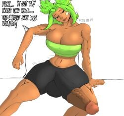 bandage big big_balls big_breasts big_penis crackarts_(artist) dark_skin futanari green_hair league_of_legends muscular muscular_female riot_games self_upload shorts tagme veiny_penis zeri_(league_of_legends)