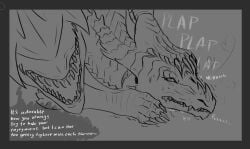 alien alien_(franchise) clenched_teeth dark_(xenodragon21) dark_the_xenodragon dialogue dragon dragonight2002 duo english_text eyeless facial_horn female feral grey_background hand_on_head holding_down horn hybrid male male/female male_on_top monochrome mythological_creature mythological_scalie mythology nose_horn on_top onomatopoeia pinned pinned_to_ground scales scalie sex simple_background sound_effects speech_bubble teeth text xenomorph
