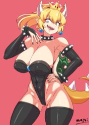 armlet big_breasts blonde_hair blue_eyes bowsette bracelet breasts cleavage clothing collar crown earrings elbow_gloves female female_only fingerless_gloves gloves hair horn latex latex_gloves legwear leotard long_hair mario_(series) mayoi89g navel new_super_mario_bros._u_deluxe nintendo open_mouth rule_63 shell solo spiked_armlet spiked_bracelet spiked_collar spiked_shell super_crown tail thick_thighs thighhighs thighs transformation video_games
