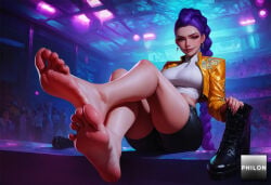 feet foot_focus soles barefoot toes boots purple_hair 1girls nail_polish jacket braid earrings holding_footwear shorts sitting long_hair breasts holding jewelry solo_focus toenails cropped_jacket looking_at_viewer foreshortening crossed_legs yellow_jacket unworn_boots braided_ponytail legs crop_top presenting_foot bare_legs holding_clothes open_jacket black_shorts midriff toenail_polish indoors black_footwear unworn_shoes black_nails large_breasts open_clothes shirt shiny_skin shoes crowd smile ai_generated stable_diffusion philon rumi_(kpop_demon_hunters) kpop_demon_hunters