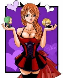 big_breasts blonde_hair blush brown_eyes chibi_style cleavage corset devil_costume devil_horns earrings green_hair halloween holding hourglass_figure long_hair nami_(one_piece) one_piece orange_hair post-timeskip roronoa_zoro sanji sanji_(one_piece) simple_background sitting_on_hand skirt slim_waist stockings syuka thigh_socks thighhighs zettai_ryouiki zoro_(one_piece)