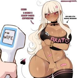 1girls absurd_res bandaid bangs big_breasts big_thighs black_thighhighs blonde_hair blush choker cinnabus cleavage dark-skinned_female dark_skin dialogue embarrassed english_text eyelashes female hairclip hime_nini_(succubunini) indie_virtual_youtuber long_hair panties pink_lipstick pink_nail_polish red_eyes runny_makeup side-tie_panties succubunini succubus succubus_tail tail text text_on_clothing thick_thighs thighhighs topwear virtual_youtuber white_background wide_hips wife_material