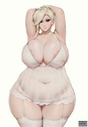 1girls angeltights bbw belly belly_button blizzard_entertainment blonde_hair breasts chubby chubby_female eyeshadow female female_only garter_straps huge_breasts lingerie looking_at_viewer mercy nightgown overwatch overweight overweight_female panties pinup see-through see-through_clothing see-through_top steely_bird tagme thick_thighs thighs