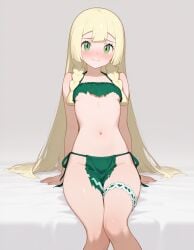 ai_generated bare_legs beautiful_girl blonde_female crop_top flat_chest green_eyes heavenly_body lillie_(pokemon) petite_female pokemon pretty_girl skinny_female slim_female slim_waist slutty_body slutty_female tempting tempting_viewer