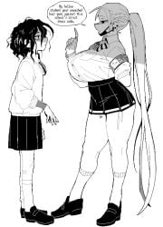 2girls big_breasts black_and_white dizzyspells gyaru mask messy_hair piercings ponytail school_uniform
