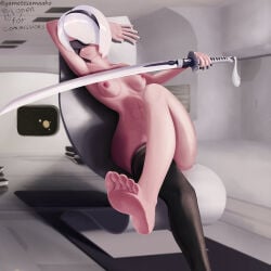 1girls 2d 2d_(artwork) barefoot black_blindfold black_hairband blindfold bob_cut breasts digital_drawing_(artwork) digital_media_(artwork) feet female female_only foot_fetish foot_focus hairband holding_weapon light-skinned_female light_skin naked naked_female nier nier:_automata nier_(series) pod_(nier) short_hair soles spaceship_interior thigh_highs thighhighs thighs toes toned toned_stomach virtuous_contract white_hair yorha_2b 2b_(nier:automata) square_enix solo android visor large_breasts nude full_nude nipples areolae bare_breasts bare_legs sitting chair crossed_legs robot_girl cyborg abs muscular muscular_female thick_thighs curvy indoors fanart yametesamaaho