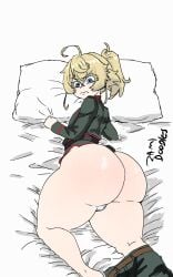 zami_doodles youjo_senki tanya_degurechaff 2d 2d_(artwork) blonde_hair blonde_female 1girls female_only shortstack ass big_ass large_ass huge_ass ass_focus bed exposed_ass partially_clothed ass_out pants_down pants_pulled_down military_uniform uniform looking_back looking_at_viewer
