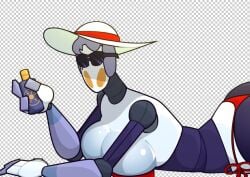 2025 2d 2d_(artwork) 2d_artwork animatronic animatronic_female artist_logo artist_name beanontoast big_breasts c.u.t.e grey_body original original_character robot robot_girl robot_joints summer sun_hat sunglasses sunscreen thick_ass thick_thighs