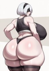 1girls ai_generated android ass ass_focus bare_shoulders blacked blacked_clothing blindfold breasts bubble_butt chin_length_hair dumptruck_ass female female_only huge_breasts large_ass large_breasts nier:_automata pale-skinned_female pale_skin spankable_ass stockings thicc_toria thick_thighs white_hair yorha_2b