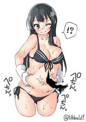 !? 1girls agano_(kantai_collection) bangs belly black_bra black_eyes black_hair black_panties blush bra breasts cleavage clothing cowboy_shot cropped_legs ebifurya eyebrows_visible_through_hair female front-tie_top gloves highres kantai_collection long_hair matching_underwear medium_breasts navel one_eye_closed panties penis plump side-tie_panties sidelocks simple_background solo sweat twitter_username underwear underwear_only weight_conscious white_background white_gloves