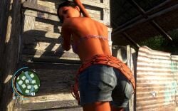 1girls 3d absurd_res against_wall ass ass_cleavage ass_focus back_view_female bare_shoulders bikini_top black_hair_female denim_shorts edited_screencap expressionless far_cry far_cry_3 female_focus female_only game_screenshot highres jean_shorts minimap npc official_art pink_bikini_top scarf short_hair short_hair_female summer ubisoft unnamed_character