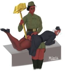 black_legwear countryhumans countryhumans_girl eyepatch female genderswap half-dressed hammer_and_sickle military military_clothing military_hat military_uniform on_lap punishment short_skirt soviet_girl soviet_union_(countryhumans) third_reich_(countryhumans) yuri
