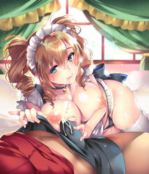 1boy areolae bed bedroom black_panties blue_eyes breasts breasts_out brown_hair bulge choker comic_bavel cum cum_in_mouth cum_string drill_hair erection female hinazuka_ryou indoors large_breasts long_hair looking_at_viewer lying maid maid_headdress nipples no_pants on_side panties puffy_nipples solo_focus straight thighhighs twintails white_legwear window