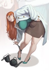 1girls anne_(rizdraws) big_breasts bra bra_removed clothed curvy earrings female female_only freckles freckles_on_face glasses heels high_heels jewelry long_hair looking_at_viewer mature_female mature_woman milf orange_hair panties red_hair removing_panties rizdraws smiling smiling_at_viewer solo tummy very_high_resolution