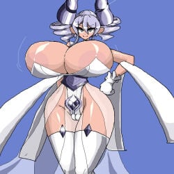sega_miku touijou777 yu-gi-oh! konami duel_monster hi_res female solo 1girls female_only labrynth_of_the_silver_castle lovely_labrynth_of_the_silver_castle demon demon_girl demon_horns silver_hair silver_eyes twin_drills twintails standing pose voluptuous voluptuous_female necklace big_breasts wide_hips thick_thighs hand_on_hip looking_at_viewer seductive seductive_smile earrings areolae dress armor vulva vulva_line pussy visible_pussy legwear gloves princess queen cleavage transparent_clothing veil :)