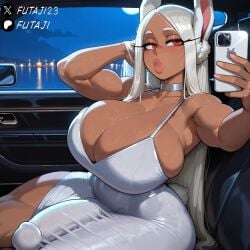 ai_generated ai_assisted watermark futaji my_hero_academia mirko rumi_usagiyama miruko solo solo_futa dark_skin dark-skinned_futa red_eyes white_hair long_hair thick_lips puckered_lips choker white_dress dress cocktail_dress cleavage night outdoors moonlight car car_interior car_seat selfie holding_phone taking_selfie toned toned_futa futanari futa_only bimbo muscular muscular_futa thick_thighs busty busty_female curvy curvy_figure huge_breasts big_breasts breasts bursting_breasts breasts_bigger_than_head massive_breasts huge_cock big_penis penis cock adjusting_hair voluptuous armpits