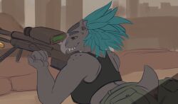 4_fingers alien anthro anus arm_feathers avian beak black_sclera bottomwear cargo casing city city_background clothing colored feather_hair feathered_crest feathers female fingers flat_colors green_body green_feathers grey_body grey_scales gun halo_(series) head_crest holding_gun holding_object holding_ranged_weapon holding_weapon kig-yar lying microsoft on_front pants pseudo_hair ranged_weapon rifle scales scalie shirt short_tail sniper_rifle solo source_request t'vaoan tail tank_top topwear unfinished unknown_artist weapon xbox_game_studios yellow_eyes