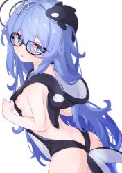 1girl absurdres animal_costume ayanue backless_outfit blue_hair blush breasts cetacean_tail clothes_pull commentary_request fins fish_tail glasses grey_eyes hair_intakes hair_ornament halo highres hood hood_down hooded_swimsuit light_blush long_hair looking_at_viewer looking_back nipples nono-chan_(ayanue) open_mouth orca original small_breasts solo swimsuit tail very_long_hair white_background
