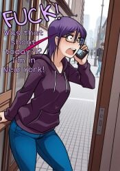 ai_generated ai_jago_dibuja blue_jeans city city_background city_street dialogue elly_(living_with_hipstergirl_and_gamergirl) female female_focus female_only fully_clothed fully_clothed_female glasses hazel_eyes holding_object holding_phone hoodie joke joke_art living_with_hipstergirl_and_gamergirl oh_no part_of_a_set purple_hair safe_for_work sfw shocked small_breasts talking talking_on_phone text
