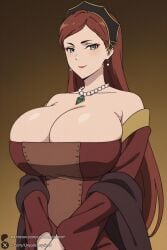 1girl breasts jewelry solo necklace cleavage long_hair dress huge_breasts earrings looking_at_viewer brown_hair red_hair bare_shoulders smile mature_female makeup red_dress brown_background pearl_necklace hilda_boreas_greyrat mushoku_tensei mushoku_tensei:_isekai_ittara_honki_dasu unjobdespiert ai_generated 1female curvy huge_ass big_breasts big_ass 1girls 2026 artist_name watermark hi_res highres high_quality high_resolution patreon_username patreon