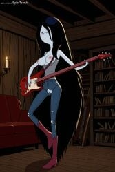 spicytoonai ai_generated patreon seductive sexy uncensored watermark hi_res high_quality high_resolution marceline adventure_time instrument nipples 1girl breasts black_hair guitar torn_pants solo torn_clothes long_hair playing_instrument music jeans denim full_body standing pants violin hair_over_one_eye topless closed_eyes medium_breasts bass_guitar