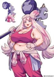 1girls female female_only pale_skin pale-skinned_female pink_hair breasts large_breasts cleavage chubby chubby_female chubby_belly navel midriff midriff_baring_shirt bare_shoulders long_hair hammer large_hammer pokemon pokegirl personification torinokawori tinkaton